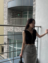 SALE! Gray washed denim back slit H-line long skirt (Gray)