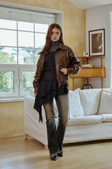 PAMELA LEATHER BOMBER JACKET / BROWN