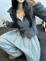 SHEEP FUR FLEECE CROPPED HALF POLO NECK ZIP UP 🧸🩶🤍🖤🩵4COLOR