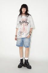スケルトンレースプリントロールヘム半袖Tシャツ-white