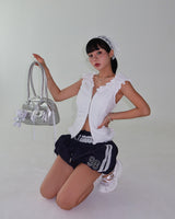 Star Patch Shirring Zip-Up Blouse