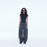Curved Carpenter Crack Denim Pants Grey