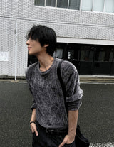 "ベロア リベットラウンドネックロングスリーブニットT "