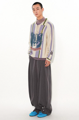 Loose lapel, raglan sleeve, color-blocked striped, cut-out printed sweater