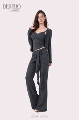 ロイヤル チャコール フリル トレーニング スリーピース セットアップ (Cardigan+Sleeveless+Pants)