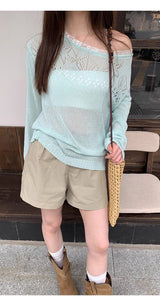 Mint off-shoulder lace long-sleeved see-through knitwear