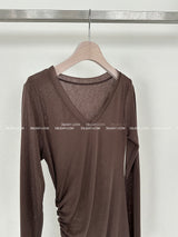 See-through Shirring V-neck Long T-shirt
