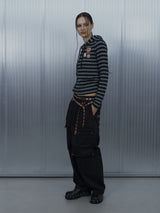 BADGE STRIPE HOODED CARDIGAN / CHARCOAL