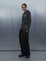 BADGE STRIPE HOODED CARDIGAN / CHARCOAL
