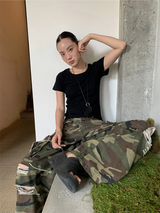 Color Back Strap Round Short Sleeve T-shirt