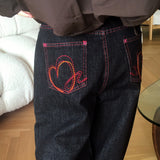 イタハートステッチ刺繍ワイドダークブルーデニムパンツ