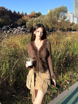 1083. Fur trimming ribbon cardi (3color)