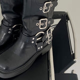 Six buckle belt long worker leather boots