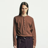 below button-down henry neck long sleeve brown