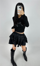 BASIC BOW-DETAIL SEMI-CROPPED STRETCH ROUND U-NECK LONG-SLEEVE TEE