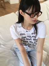 Comti lettering printing semi-cropped short-sleeved T-shirt