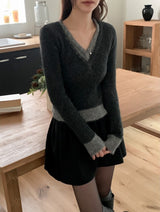 Mix Wool Layered V-neck Button Knit (2color)