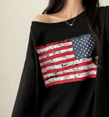 Ture unbalanced off-shoulder American flag sweatshirt
