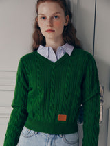 V NECK CABLE LABEL KNIT GREEN