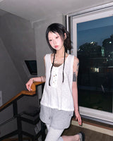 (2color) Mismatched Button Neck Slub Sleeveless Tee