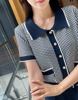 Carson Collar Color Matching Check Knit Cardigan