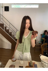 グリーンレイヤードVネックショートスリーブニットTシャツ