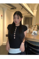 Hollow slit slim ribbed short sleeve tee