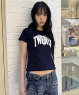 Untitled Crack Heart Applique Crop Short Sleeve Navy