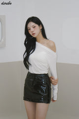 アンバランスオフショルダーシャーリングベーシック長袖Tシャツ