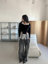 2-WAY lace wide denim training banding long pants (2 colors)