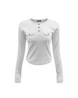 Pocket Henley Neck Ribbed Long Sleeve White