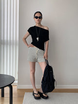 Design Open Shoulder Slim スパンデックス半袖Tシャツ