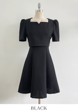 26SS★ Berlin Notch Square-Neck Short Sleeve Tweed Flare One Piece Long