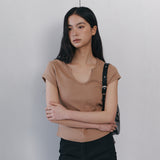 C 90S LINE SLIT NECK HALF-SLEEVE T-SHIRT_CAMEL