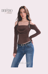 Tul off-shoulder frill long-sleeve tee 