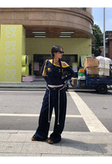 アンバランスオフショルダーブロックコアロングスリーブTシャツ