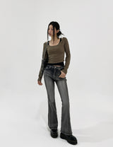 [U-BASIC] Lend off U-neck basic crop long sleeves