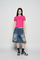 25SS BASIC LOGO HEM LINE CROP SHORT SLEEVE T-SHIRT HOT PINK
