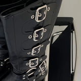 Six buckle belt long worker leather boots