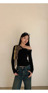 Leopard scarf unbalanced off-shoulder knitwear