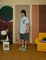 ネイビーCパッチライトブルーデニムショートスリーブシャツ [Unisex]