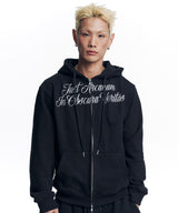 Lettering Embroidered Hoodie Zip-Up - Black