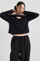 コットンレイヤード長袖Tシャツ, Black