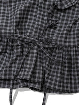 BUTTON CHECK FRILL BLOUSE(CHARCOAL)