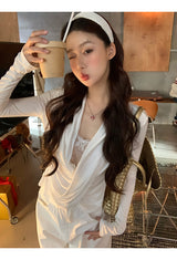 White Smudge Lace Shirring Long Sleeve T-shirt