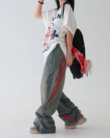 [UNISEX] レッドトラックバックバンドワイドジーンズ