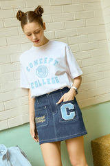 Sky Blue C Patch medium Blue Denim Mini Skirt [For women]