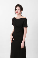 オフショルダースリットロングワンピース Black