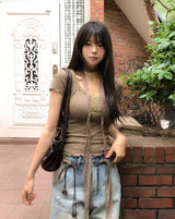 [Scarf SET] Mocha Lace Ribbed Short Sleeve Set