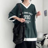 コロ カラーブロック Vネック ボクシーフィット 半袖スウェット(3color) H&L
